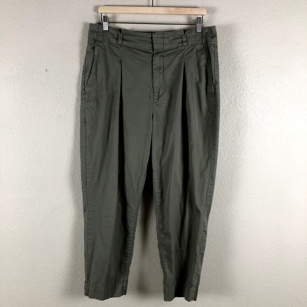 Gap Pants Women 14 Army Green Paperbag Khaki Cotton Pleats Straight Leg Gorpcore